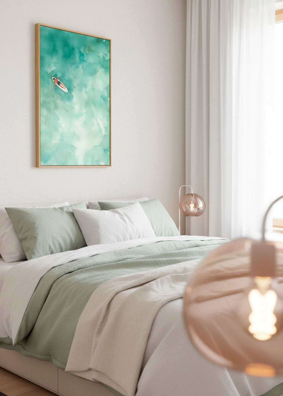 Chill canvas print in an oak frame hanging above a soft, pastel-toned bed in a bright Scandinavian bedroom with white curtains and minimalist decor.