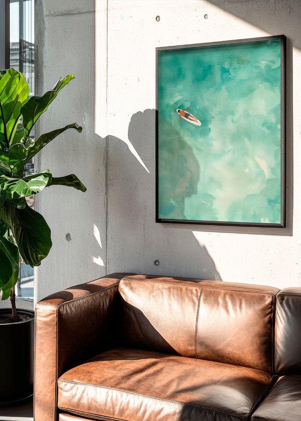 'Chill' poster in a modern living room setting, featuring a serene water-inspired design with soft green tones. The artwork adds a calming and refreshing touch, perfectly paired with a leather sofa and natural light for a contemporary, relaxed atmosphere.