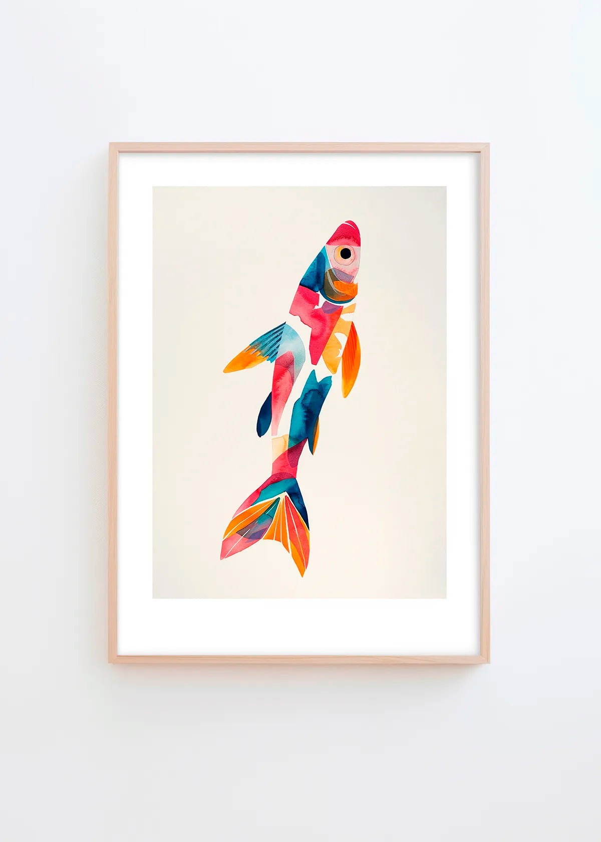Colorfin fish poster from Hello Poster in modern Scandinavian style with pink, blue and orange tones in a light wooden frame.