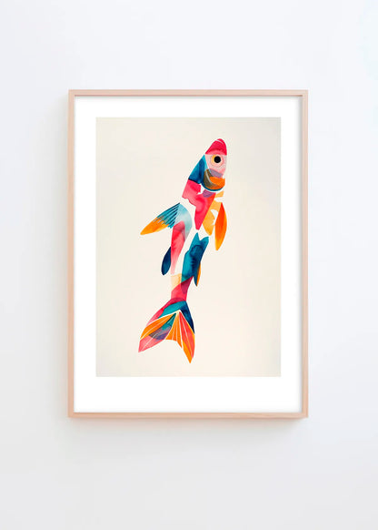 Colorfin fish poster from Hello Poster in modern Scandinavian style with pink, blue and orange tones in a light wooden frame.
