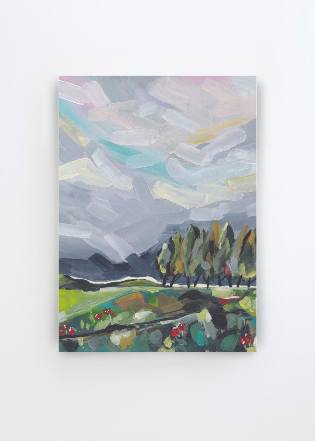 Colorful Abstract Landscape by Dirkie Nell art print featuring layered blue-grey skies, turquoise water, green fields, dark hills and expressive trees painted in a loose, colourful style.