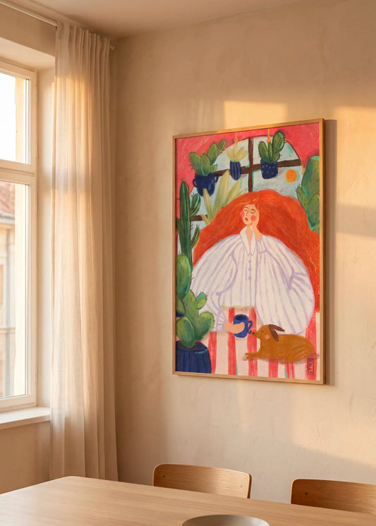 Cozy Morning Relaxation Art Poster by Dirkie Nell In a Living Room
