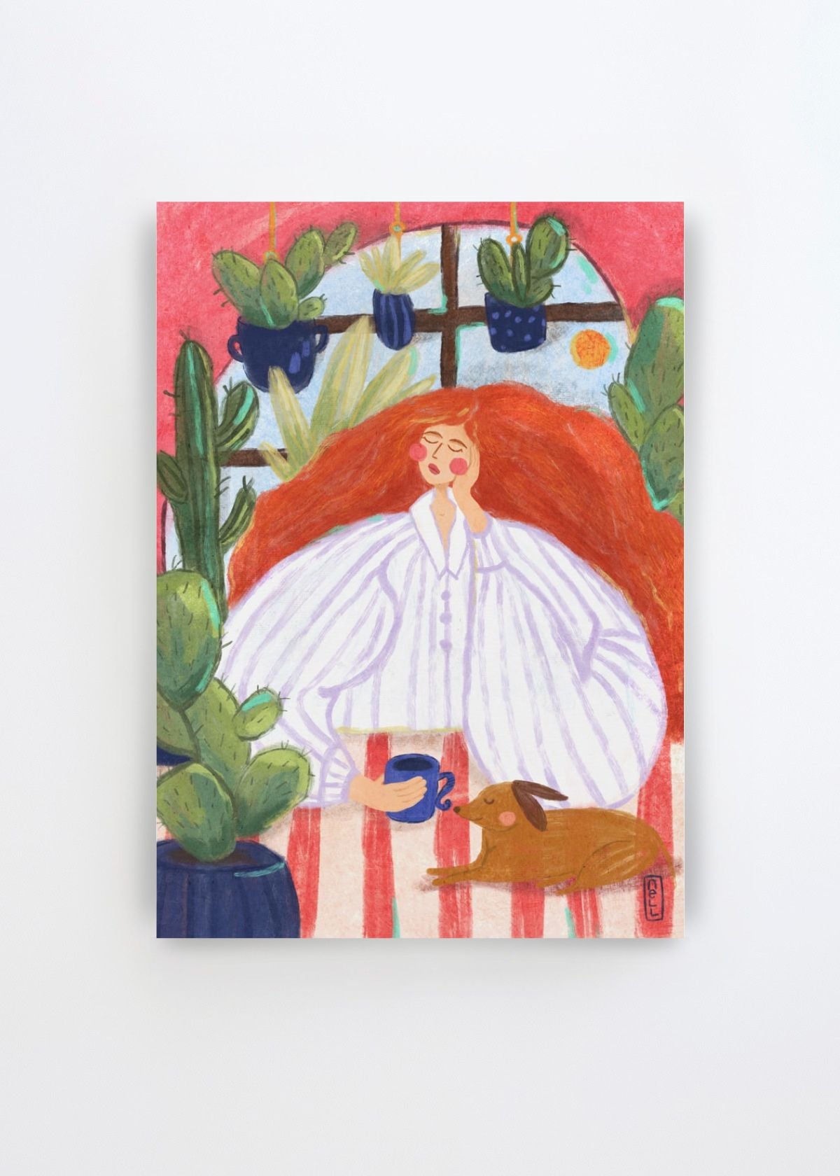 Cozy Morning Relaxation by Dirkie Nell art print featuring a red-haired woman in an oversized striped white outfit holding a blue cup, surrounded by leafy green plants with a brown rabbit resting beside her.