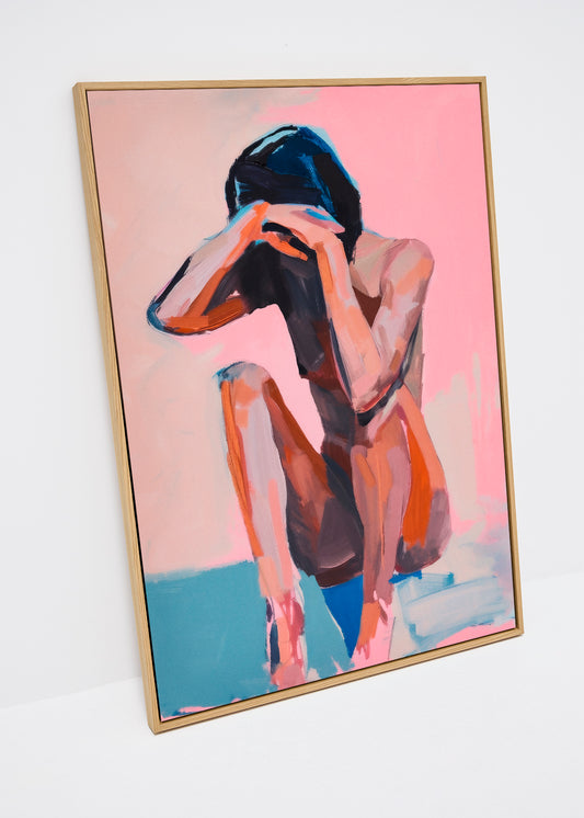 Croquis canvas print – expressive figurative artwork in pink, blue, and brown tones, contemporary wall art in large format