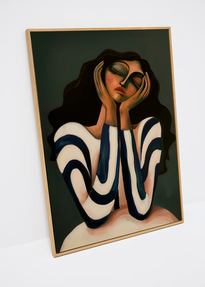 Daisy canvas print – modern figurative artwork of a woman with striped blouse in green, white, and warm earthy tones