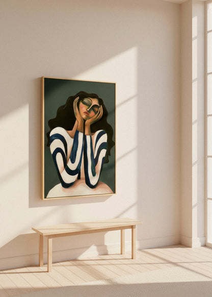 Daisy artwork displayed in a bright minimalist room with wooden bench – stylish canvas wall décor from Hello Poster.