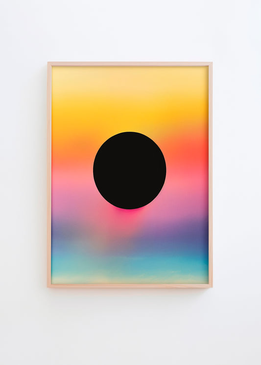 Darkness poster featuring a black circle on a gradient background with sunset-inspired hues, ideal for minimalist and modern décor.