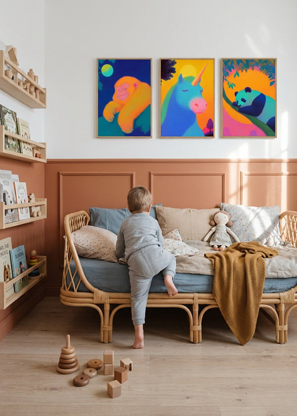 Colorful children’s bedroom styled with Hello Poster Dreaming Monkey, Magical Unicorn and Sleeping Panda posters in oak frames creating a playful and imaginative gallery wall above a rattan bed in warm Scandinavian decor.
