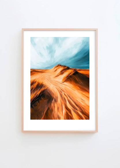 Dune poster with golden sand dunes and blue sky, modern Scandinavian wall art by Hello Poster.