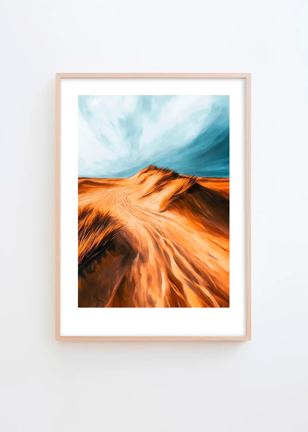 Dune poster with golden sand dunes and blue sky, modern Scandinavian wall art by Hello Poster.