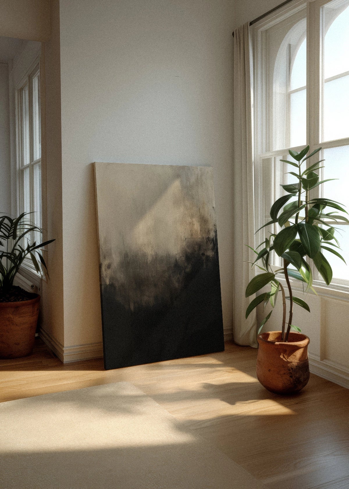 Minimalist Scandinavian interior with the Earth canvas leaning against a wall, featuring abstract beige and black tones — modern textured wall art from Hello Poster.