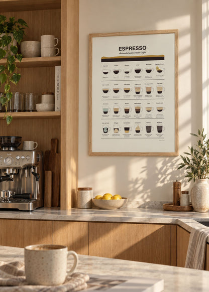 Espresso Coffee Guide by Dion Gem – framed coffee art poster in a warm Nordic kitchen with oak cabinetry, espresso machine, ceramics and soft natural light.