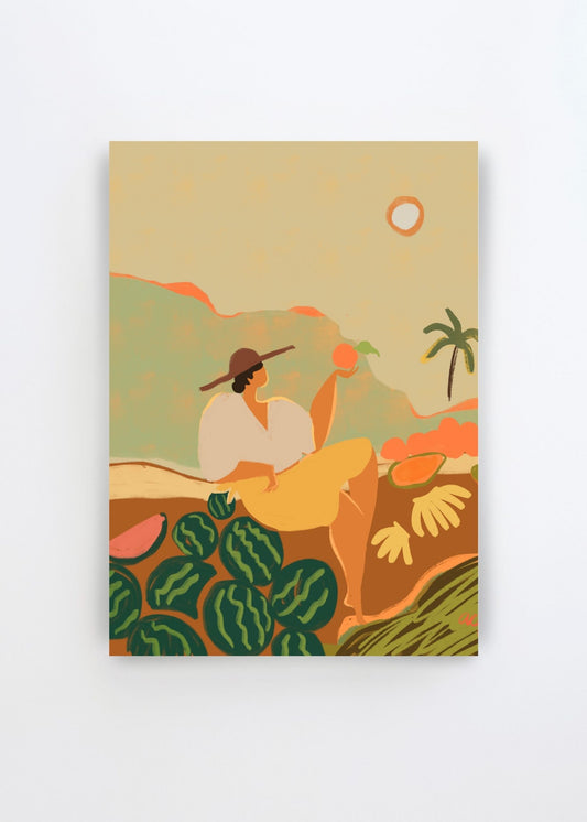 Farmer Guava by Arty Guava – colorful art poster featuring a woman with fruit and watermelons in a warm tropical landscape.