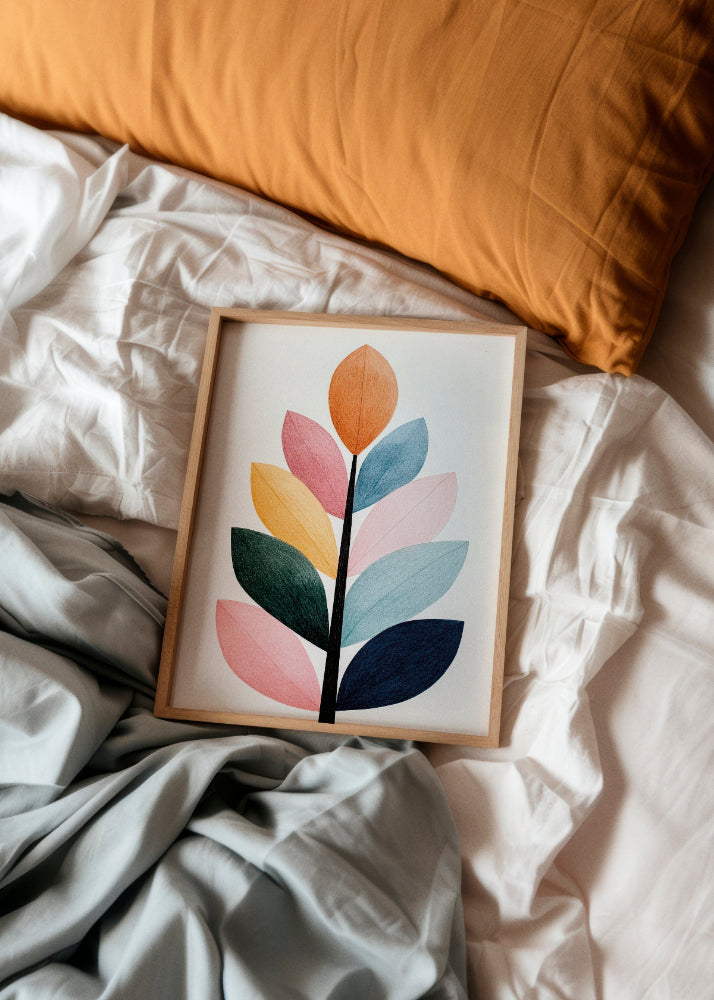 Flower Power - HelloPoster - Colorful flower poster laying on a bed with orange and grey bedding