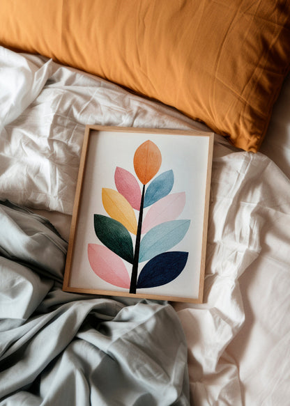 Flower Power - HelloPoster - Colorful flower poster laying on a bed with orange and grey bedding