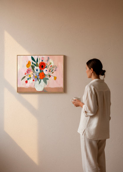 Flowers canvas print by Hello Poster featuring a colorful bouquet in a white vase on a soft pink background, displayed in a bright Scandinavian interior.