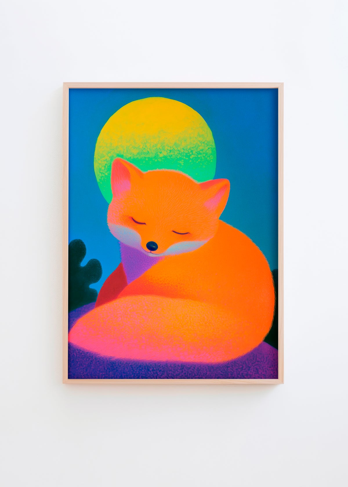 Sleeping Fox - HelloPoster.com. Illustration of a glowing orange fox curled up beneath a neon yellow-green full moon, set against a serene blue background.