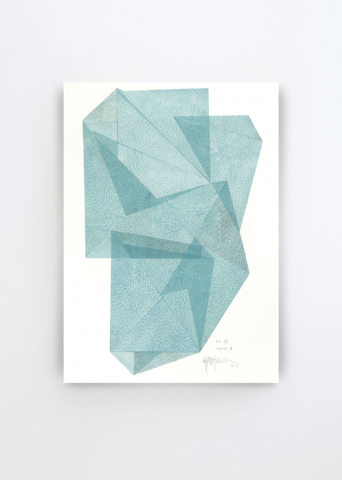 Geometric Blue Layers art poster by Paulina Vårregn featuring overlapping translucent geometric shapes in soft blue and turquoise tones on a white background.