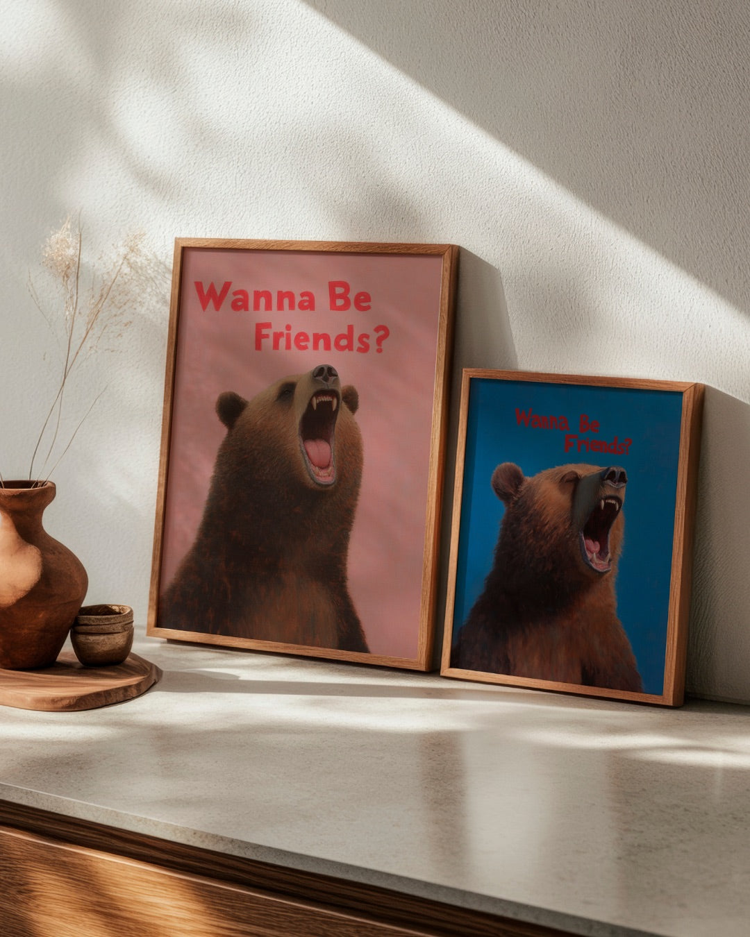 Quirky bear posters titled "Girl Bear" and "Boy Bear," each with the caption "Wanna Be Friends?" shown side by side in a cozy and playful space.