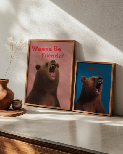Quirky bear posters titled "Girl Bear" and "Boy Bear," each with the caption "Wanna Be Friends?" shown side by side in a cozy and playful space.
