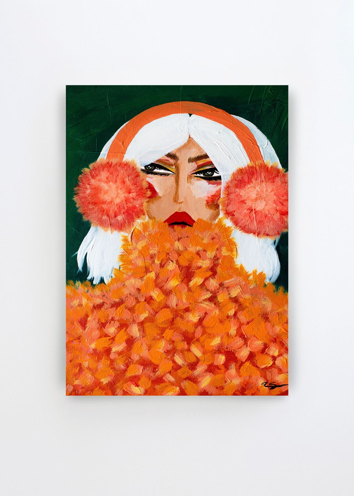 Glamorous Orange Earmuffs by Amy Straley art print featuring a woman with white hair, oversized orange earmuffs and a richly textured orange outfit against a deep green background.