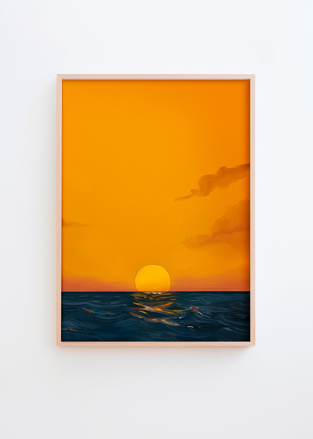 Poster titled Good Morning Sunshine featuring a vibrant yellow sunrise over a deep blue ocean, framed with natural wood and ideal for home decor.