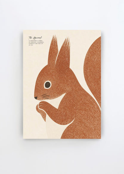 Happy Squirrel Illustration art poster by Ohkimiko featuring a warm brown squirrel with a large tail on a soft cream background.