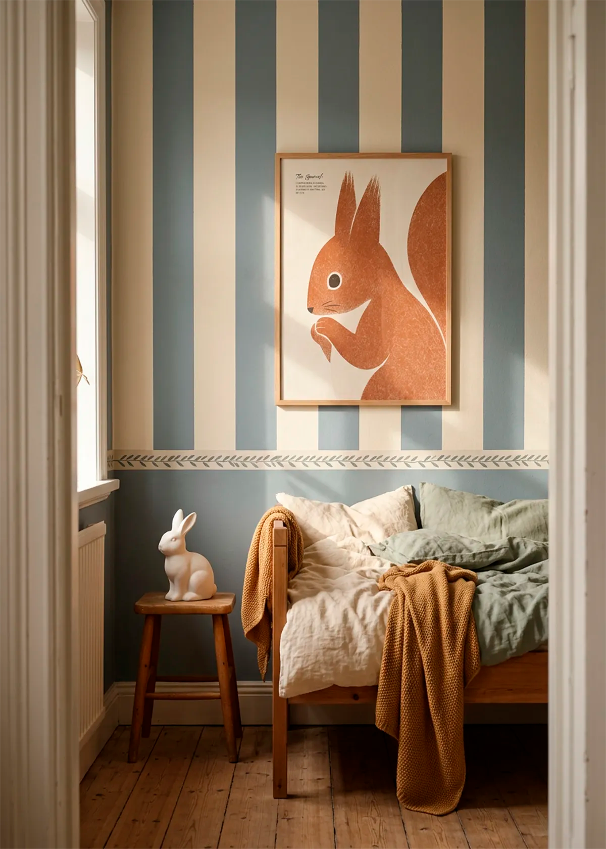 Happy Squirrel Illustration art poster by Ohkimiko displayed above a wooden bed in a cosy children’s bedroom with blue and cream striped walls, soft bedding and warm natural details.