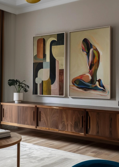 Body Color - HelloPoster - Harmonious poster styled in a living room above a wooden sideboard next to a colorful abstract figure print called Body Color– elegant and modern interior design.