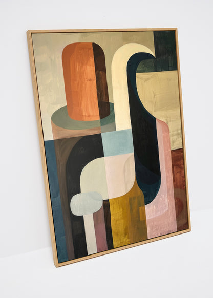 Abstract canvas print with earthy tones and soft geometric shapes – Harmonious by HelloPoster.