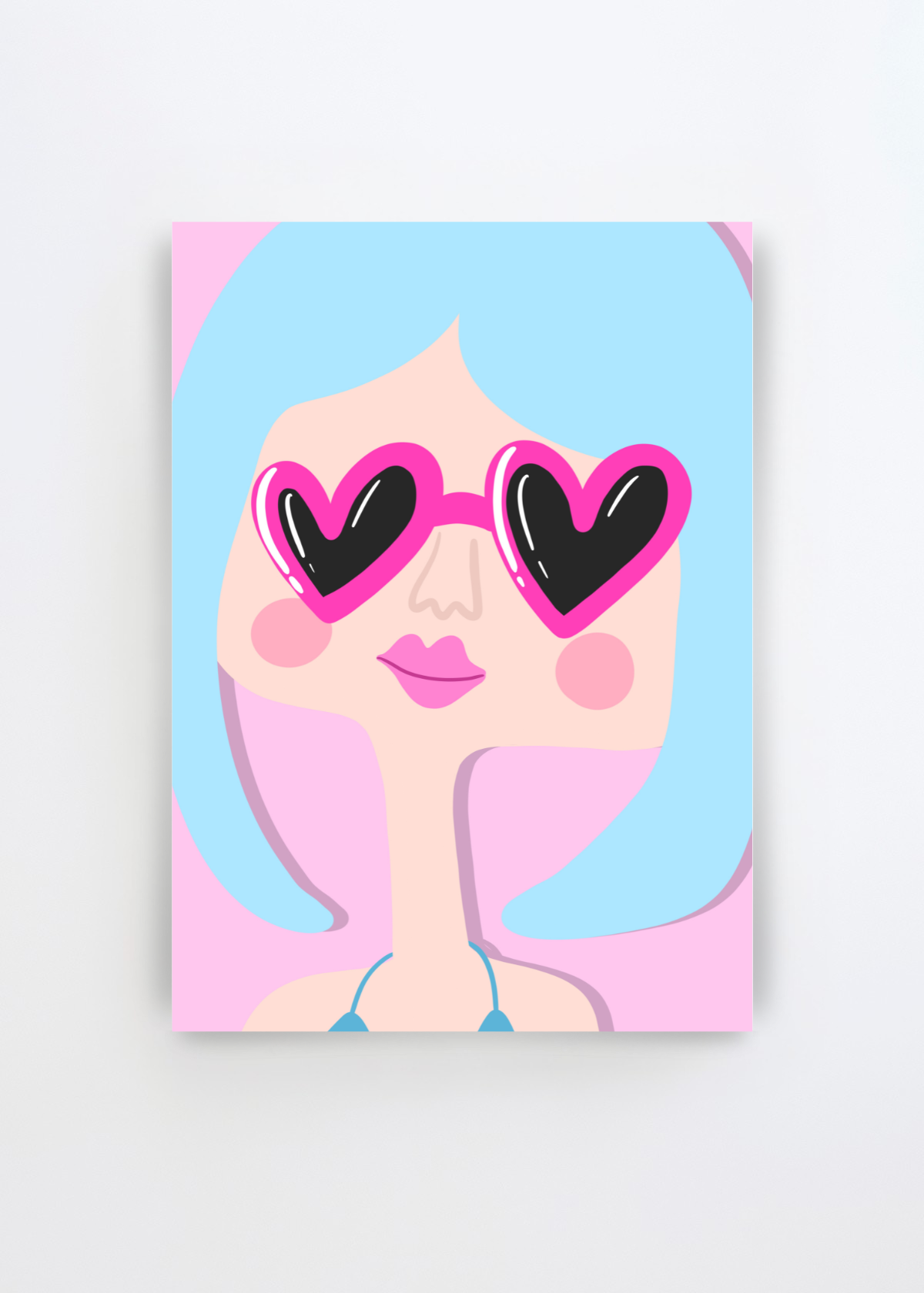Heart Glasses by Athene Fritsch art print featuring a playful woman with light blue hair, rosy cheeks and oversized hot pink heart-shaped sunglasses against a soft pink and blue background.