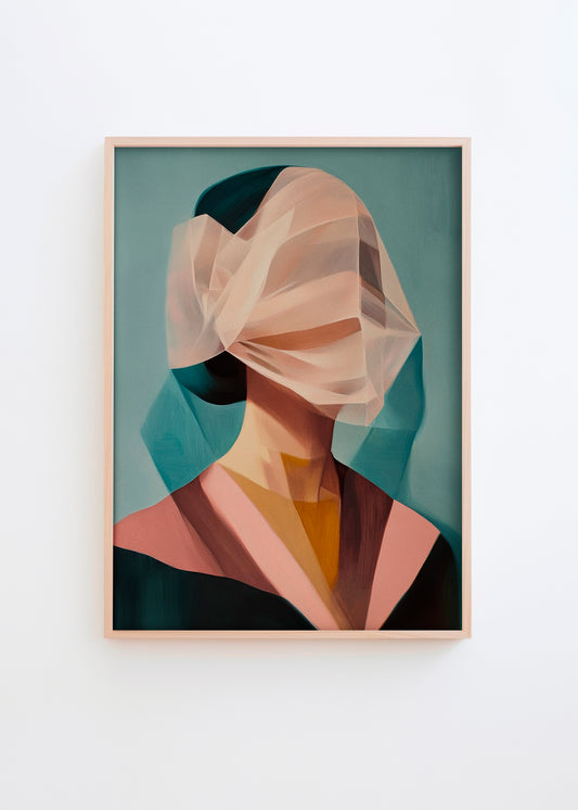 A stylish art poster titled "Hidden Grace," featuring a veiled figure with muted pastel tones, adding a touch of elegance and mystery to any room.