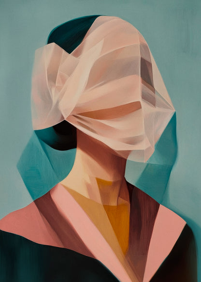 Front-view of "Hidden Grace" artwork on canvas, showcasing a woman with her face softly obscured by a translucent veil, adding a mysterious touch to the space.