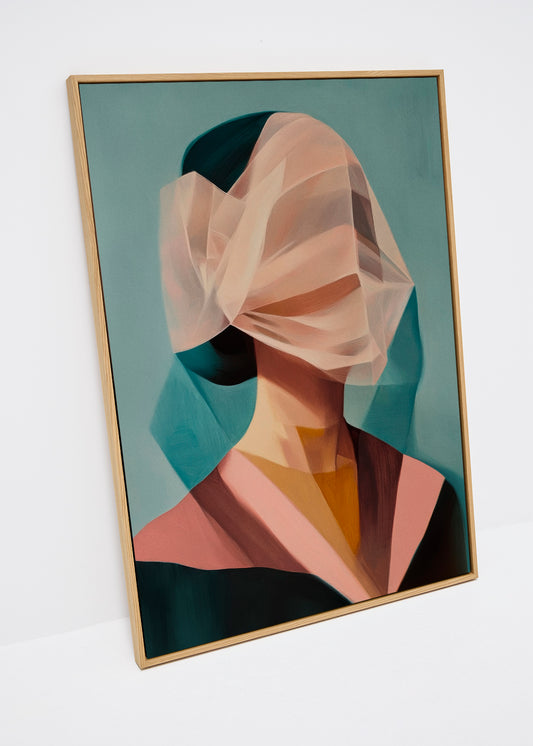 Side-view of "Hidden Grace" canvas artwork, featuring a veiled figure in muted pastel colors.