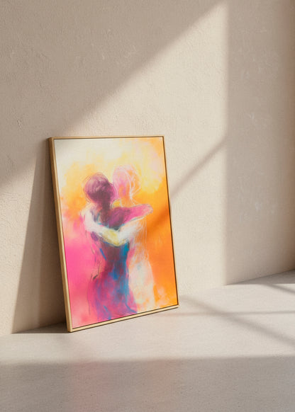Colourful Hold Me canvas print leaning against a textured wall in soft natural light — vibrant abstract couple embracing, HelloPoster.
