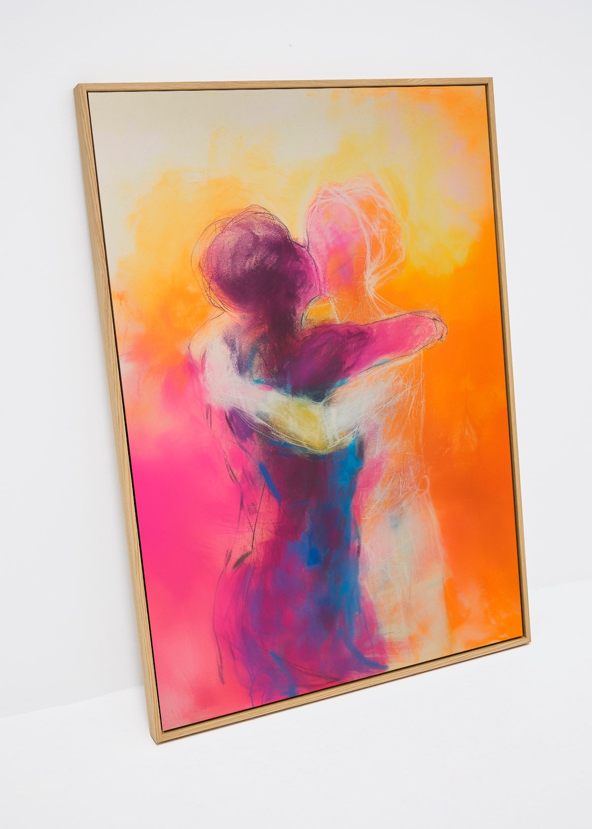Colorful canvas print titled "Hold Me" featuring two abstract figures embracing, in warm shades of pink, orange, and purple.