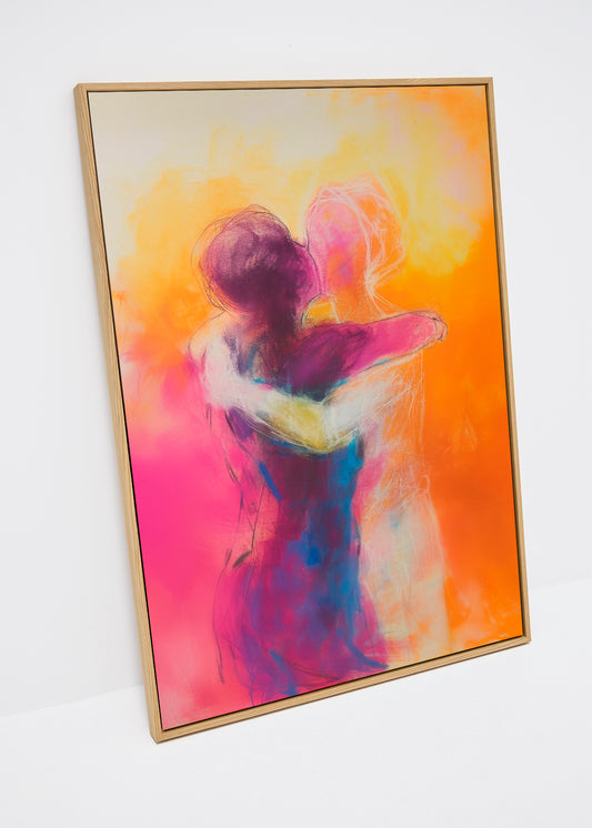 Colorful canvas print titled "Hold Me" featuring two abstract figures embracing, in warm shades of pink, orange, and purple.