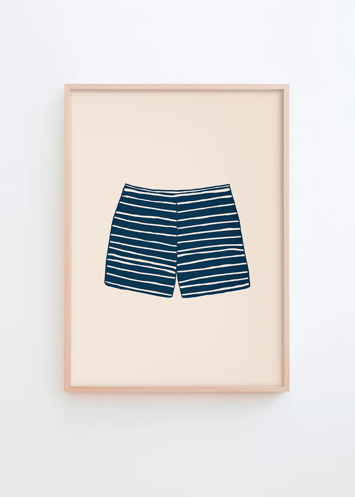 Minimalist striped swim shorts poster in navy blue on beige background, modern summer house wall art by Hello Poster