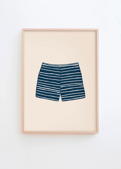 Minimalist striped swim shorts poster in navy blue on beige background, modern summer house wall art by Hello Poster