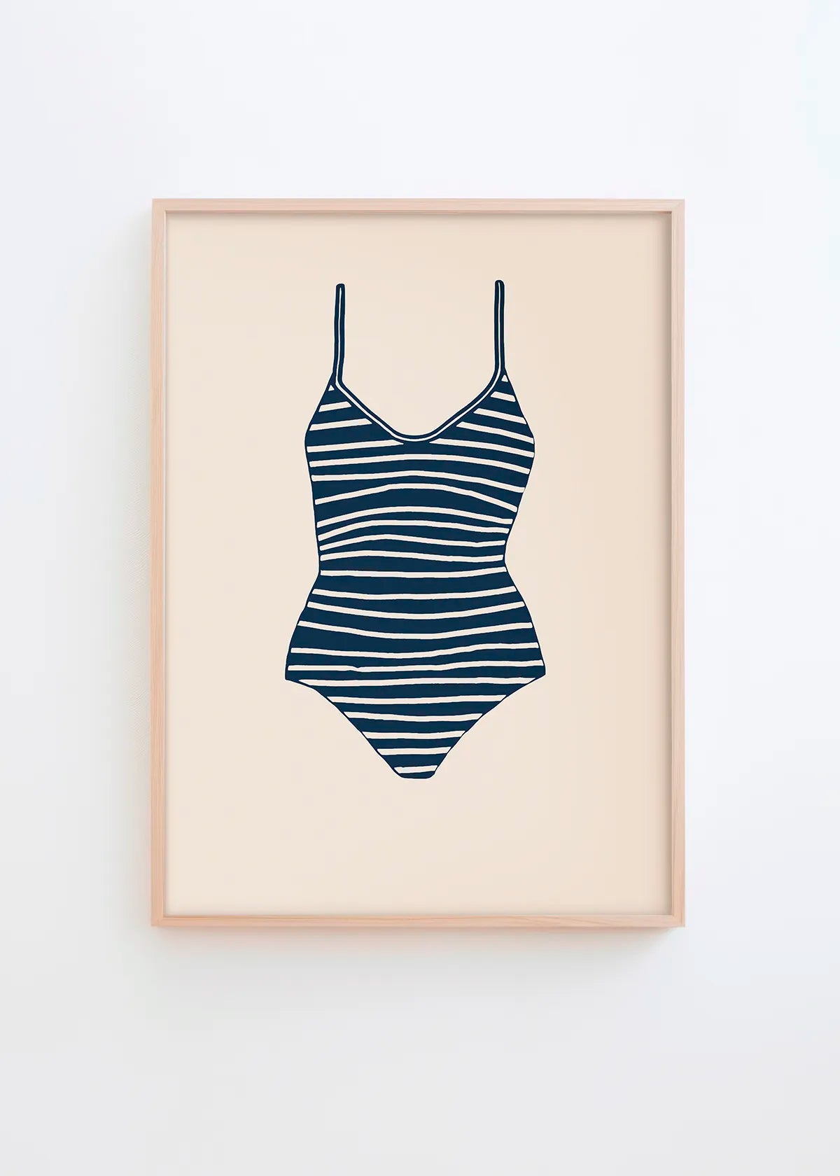 Minimalist striped swimsuit poster in navy blue on beige background, modern summer house wall art by Hello Poster