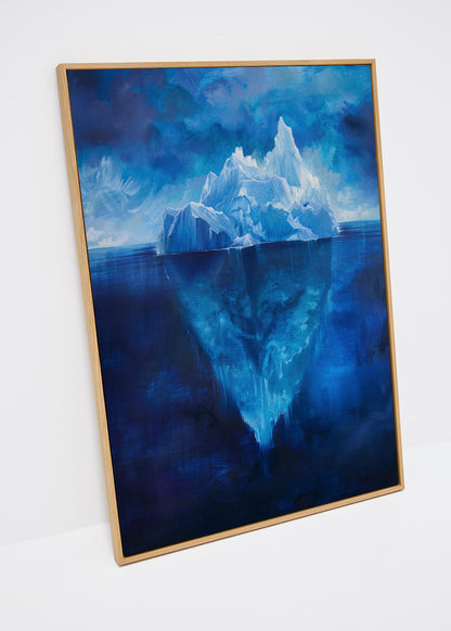 Iceberg Night canvas print – arctic iceberg artwork in deep blue tones with above and below water view