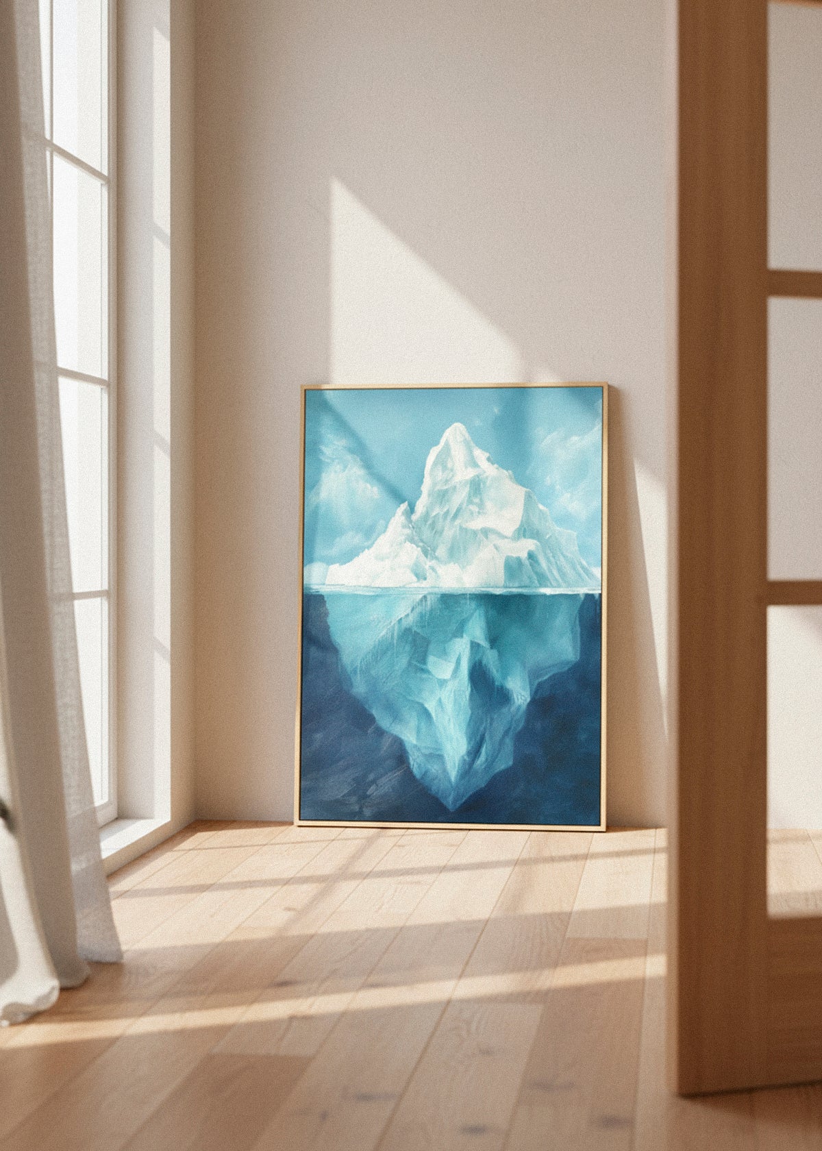 Bright Iceberg Day canvas artwork from HelloPoster placed in sunlit wooden-floor interior, featuring a serene blue glacier rising from deep ocean water.