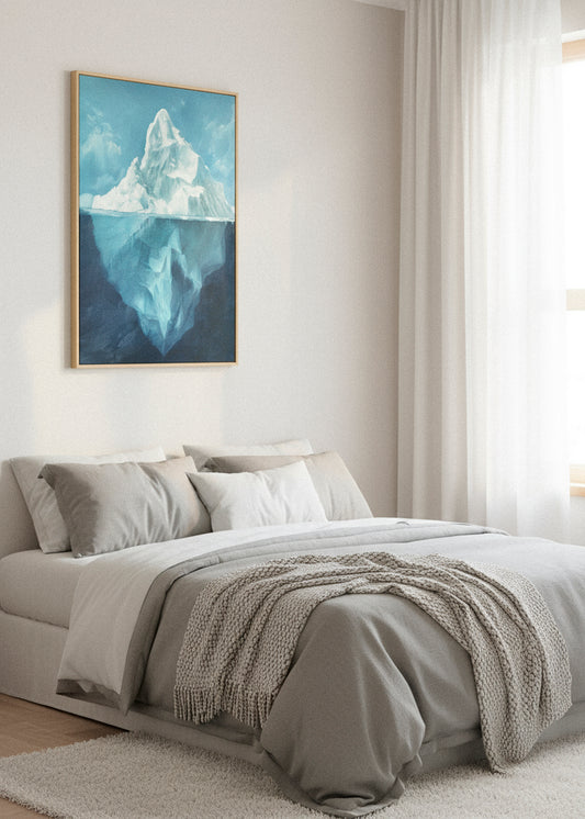 Iceberg Day canvas print by HelloPoster hanging above a neutral bedroom bed, showcasing a calming blue iceberg illustration for modern Scandinavian décor.