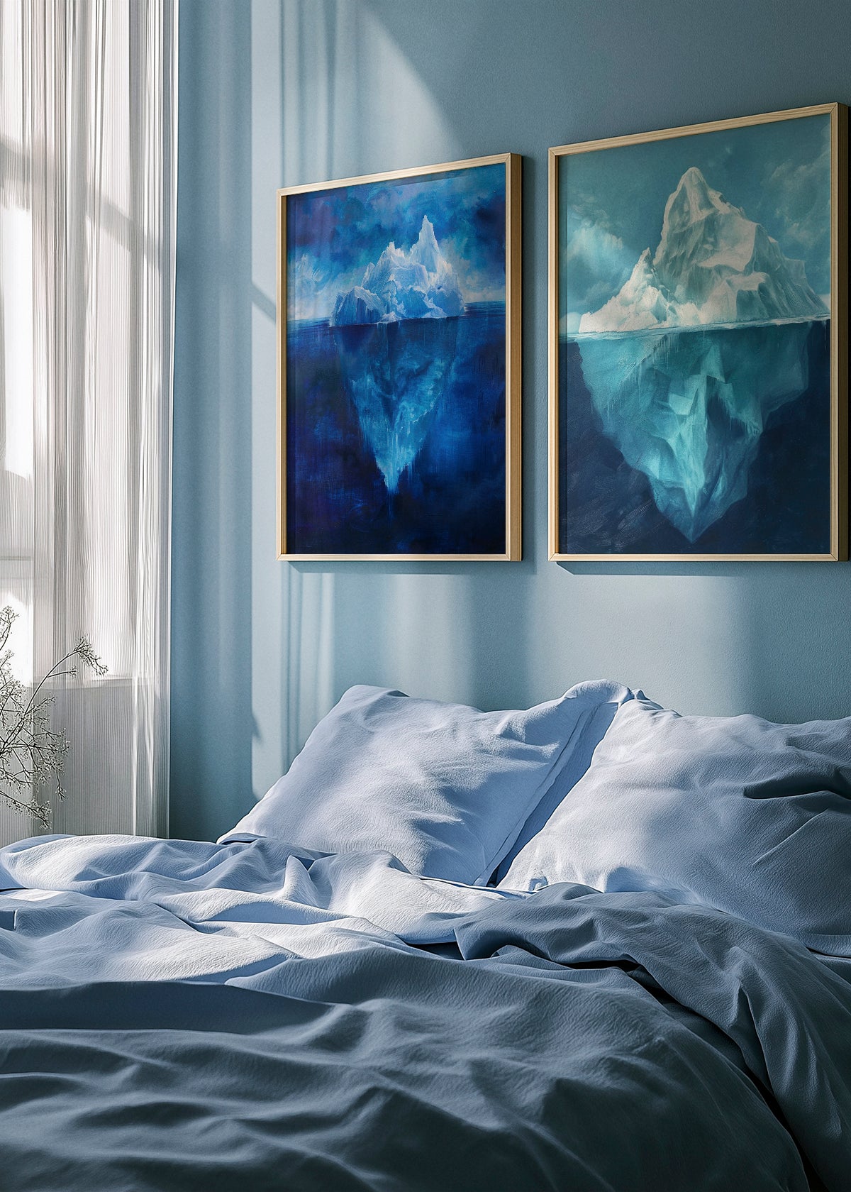 Icebergs - HelloPoster - Iceberg Day and Iceberg Night posters styled above a soft blue bed – modern bedroom with cool and calming tones.