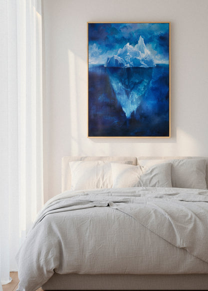 Iceberg Night canvas print hanging above a neutral bed, calming blue Arctic iceberg artwork for bedroom décor – HelloPoster.
