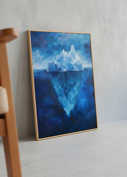 Blue iceberg canvas print styled against a concrete wall, modern Nordic home décor by HelloPoster.