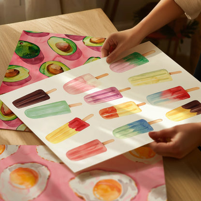 Hands holding a colorful popsicle art print, showing the matte high-quality paper texture, with Avocado and Fried posters lying on the table in a warm kitchen setting.