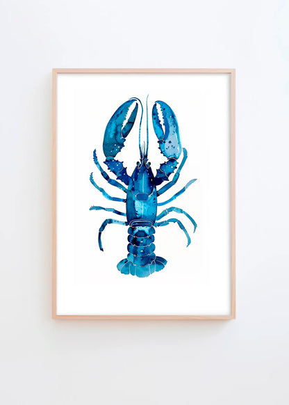 Indigo Lobster art print by Hello Poster with a detailed blue lobster illustration in watercolor tones, perfect for modern coastal and Scandinavian interiors.