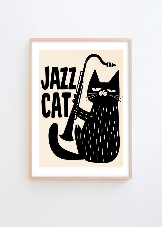 Jazz Cat poster featuring a sleek black cat holding a saxophone on a cream background, perfect for adding a quirky touch to living rooms, studios, or bedrooms.