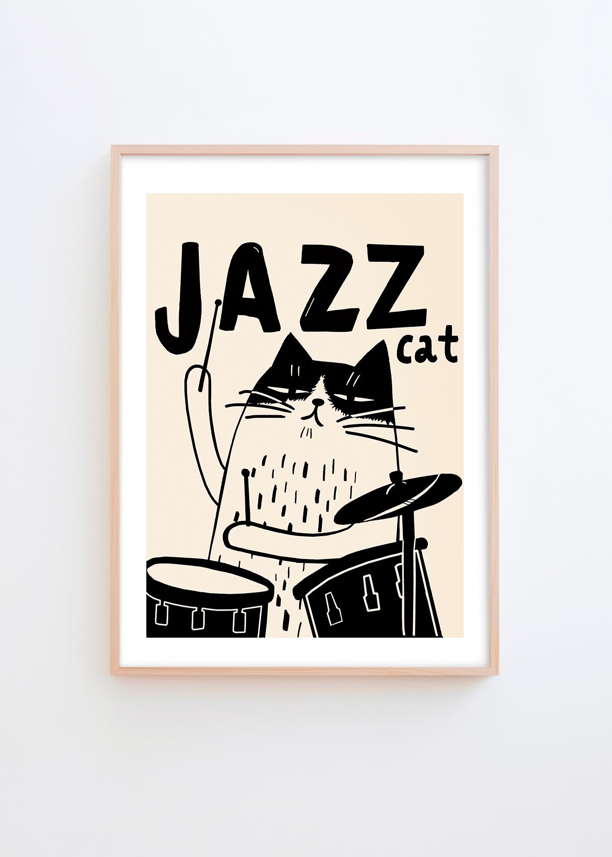 Jazz Cat 2 poster featuring a cool cat playing drums in a black-and-white design set against a cream background, perfect for modern decor.